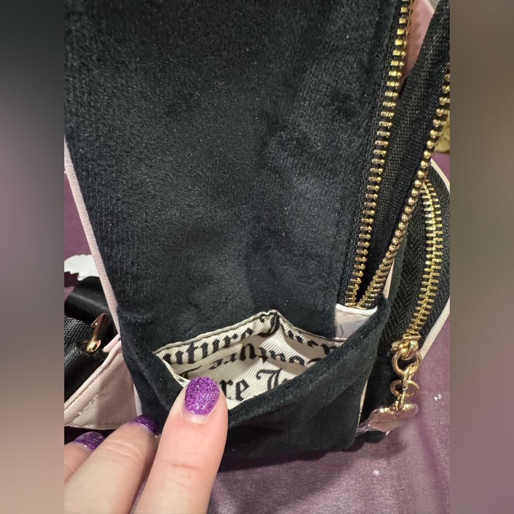 Juicy Couture Black and Light Pink Velvet Mini Backpack with Heart Charm - Picture 10 of 11